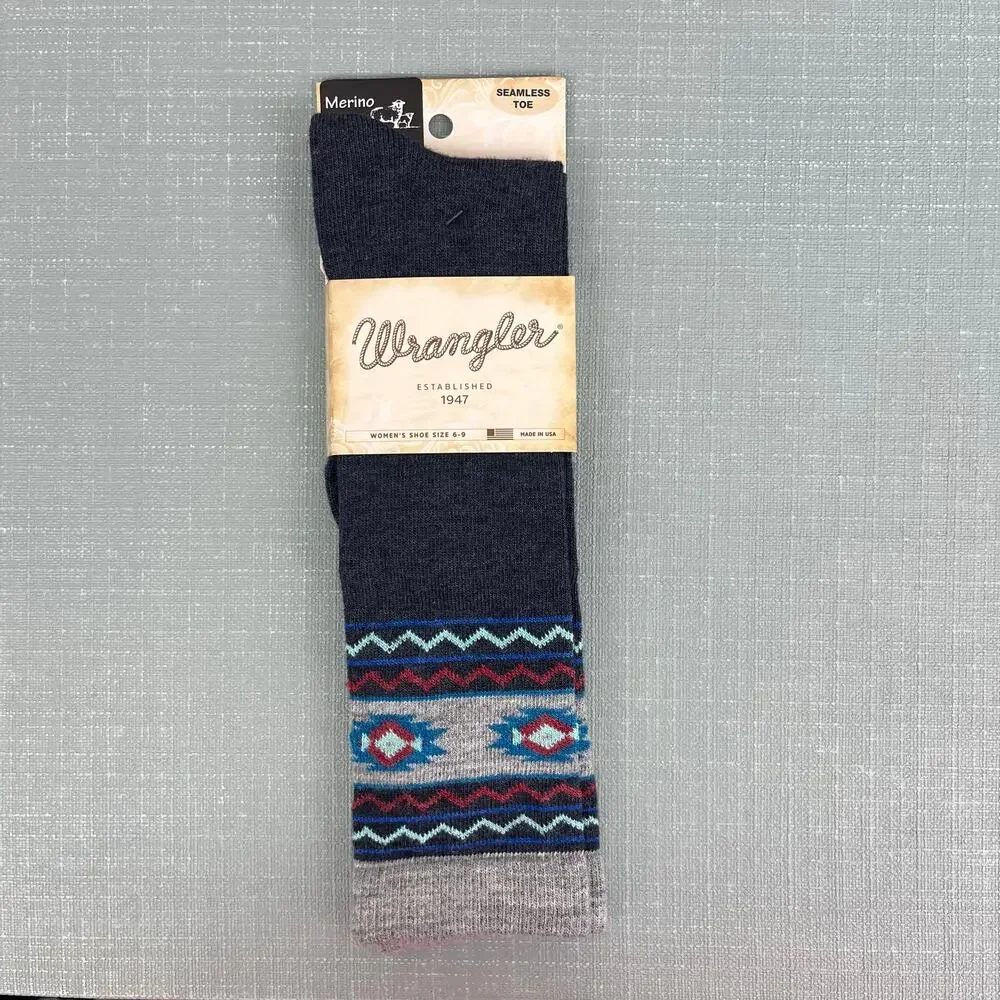 Wrangler Lightweight Merino Wool Blend Aztec Knee High Boot Socks Denim NWT